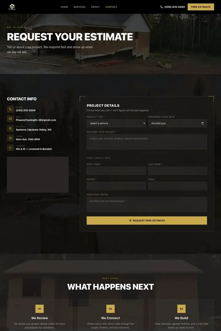 The contact page on the Phoenix Framing site