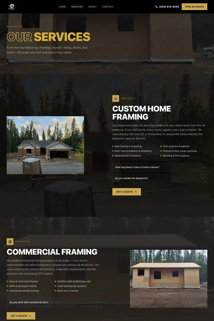 The services page on the Phoenix Framing site