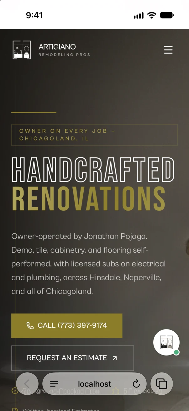 The Artigiano Remodeling home page in Safari on an iPhone