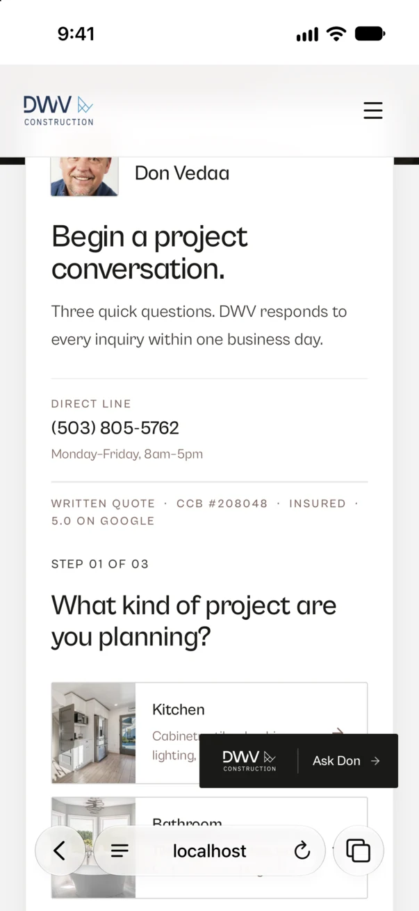 The quote form on the DWV Construction site in Safari on an iPhone