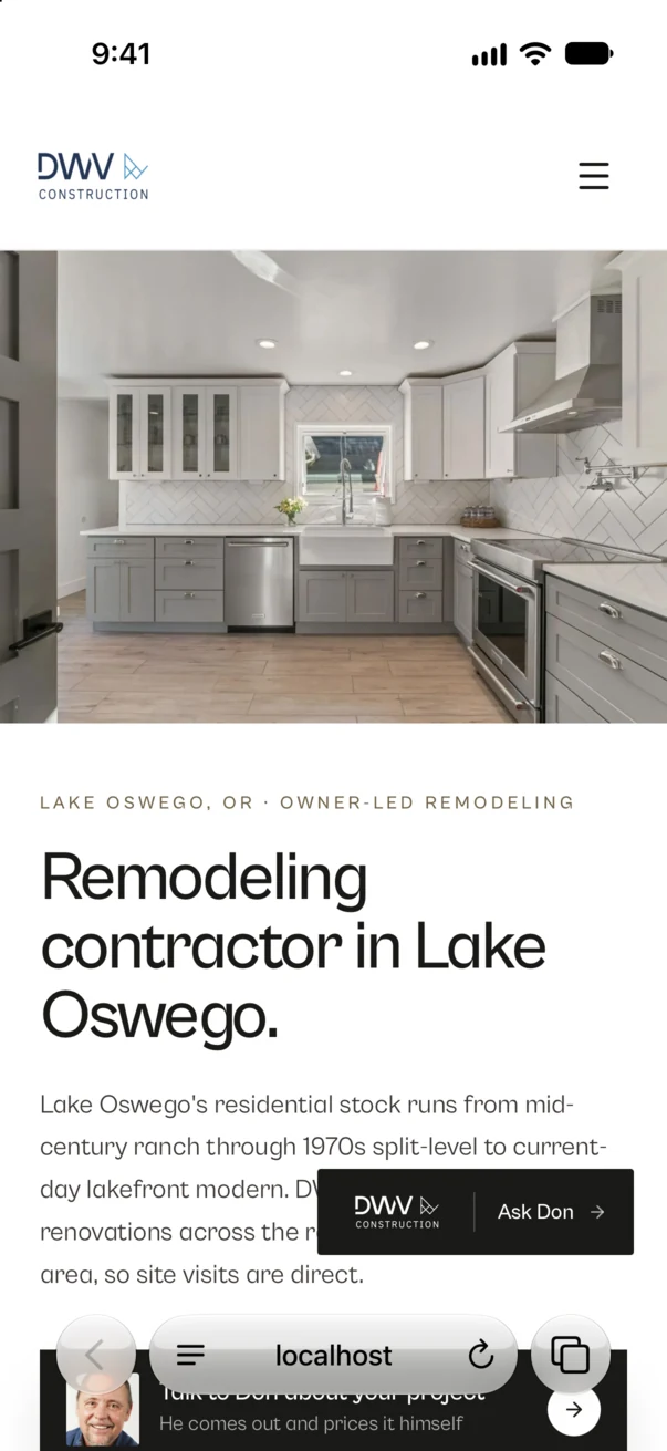 The Lake Oswego town page on the DWV Construction site in Safari on an iPhone