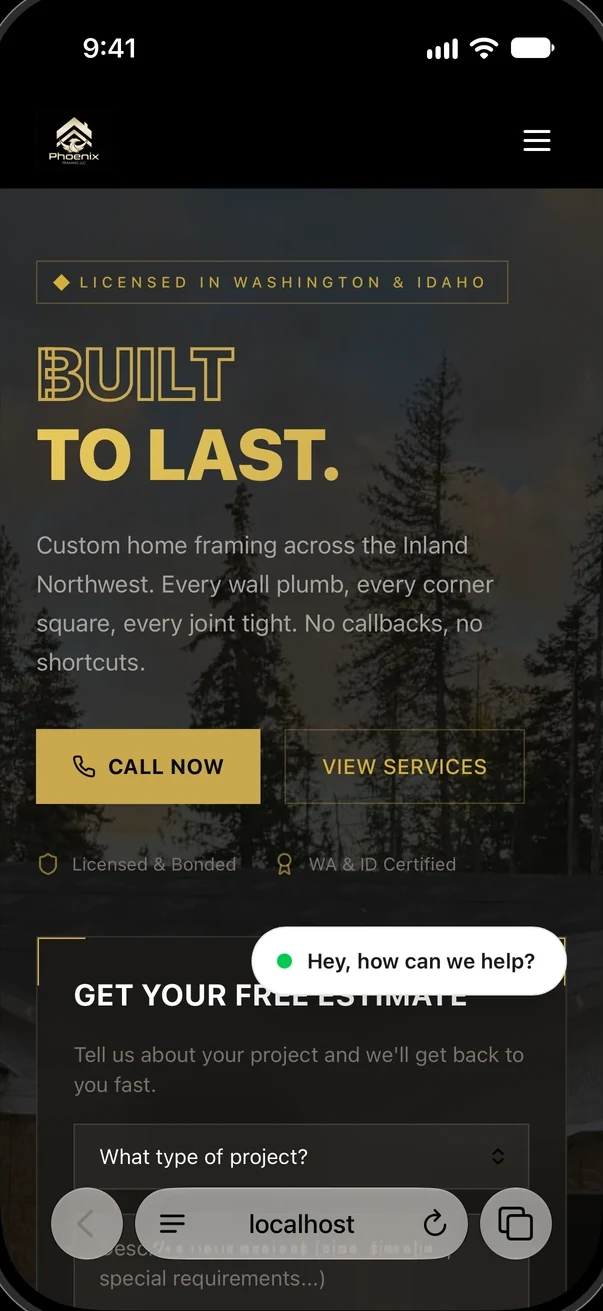 The Phoenix Framing home page in Safari on an iPhone