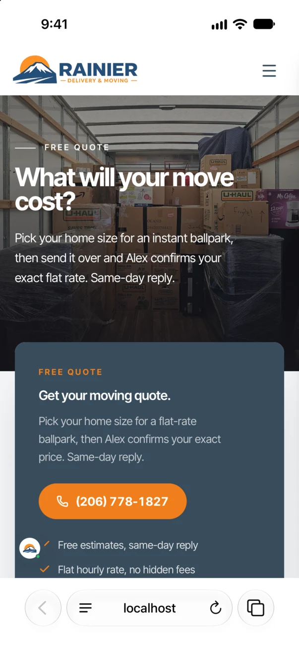 The quote page on the Rainier Delivery site in Safari on an iPhone