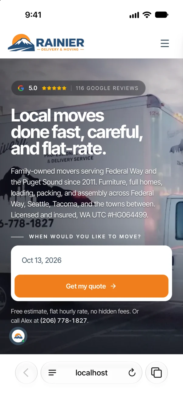 The Rainier Delivery home page in Safari on an iPhone