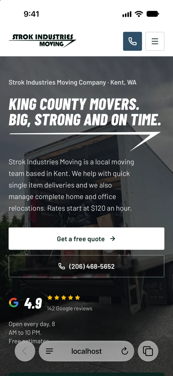The Strok Industries home page in Safari on an iPhone