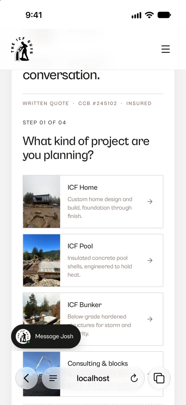 The quote form on the ICF Guys site in Safari on an iPhone