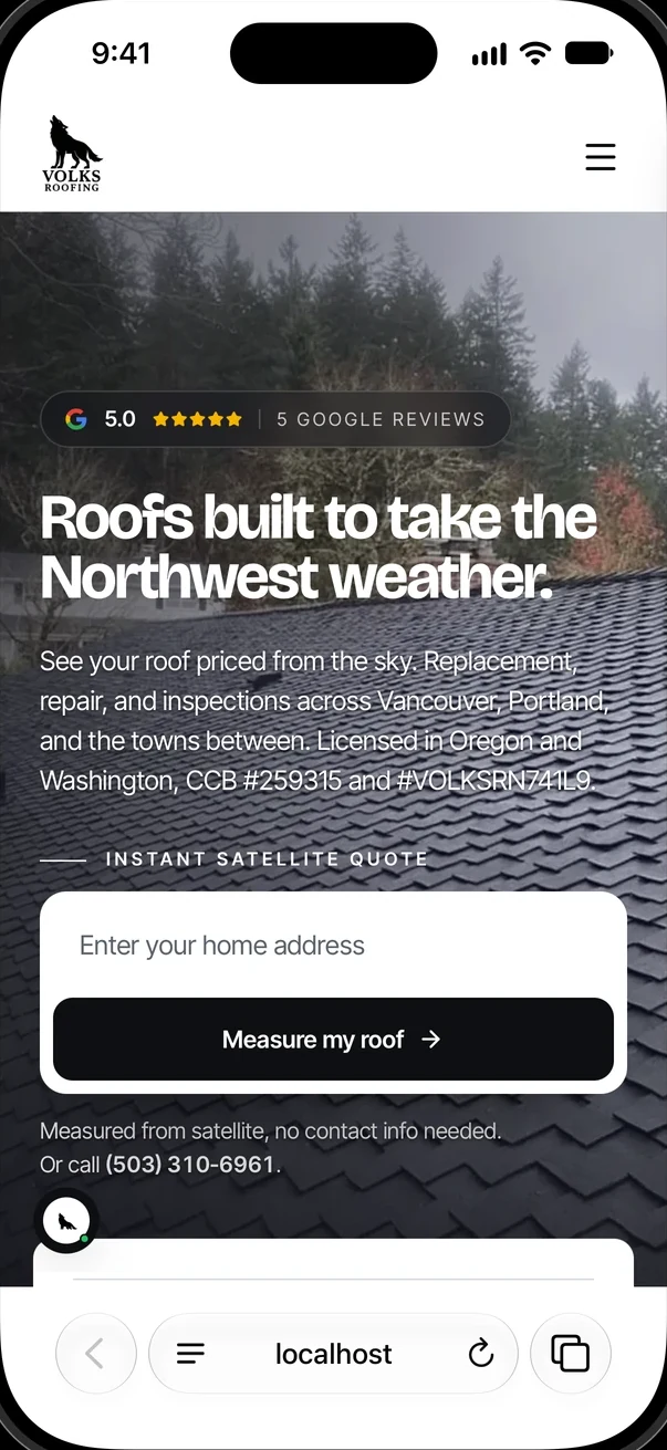 The Volks Roofing home page in Safari on an iPhone