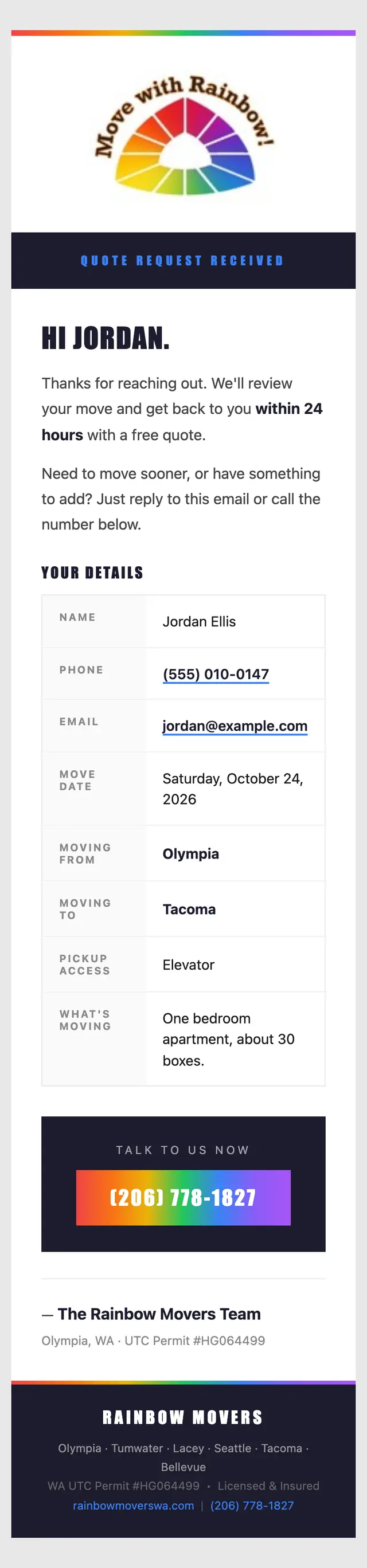 The confirmation the customer receives from the Rainbow Movers site