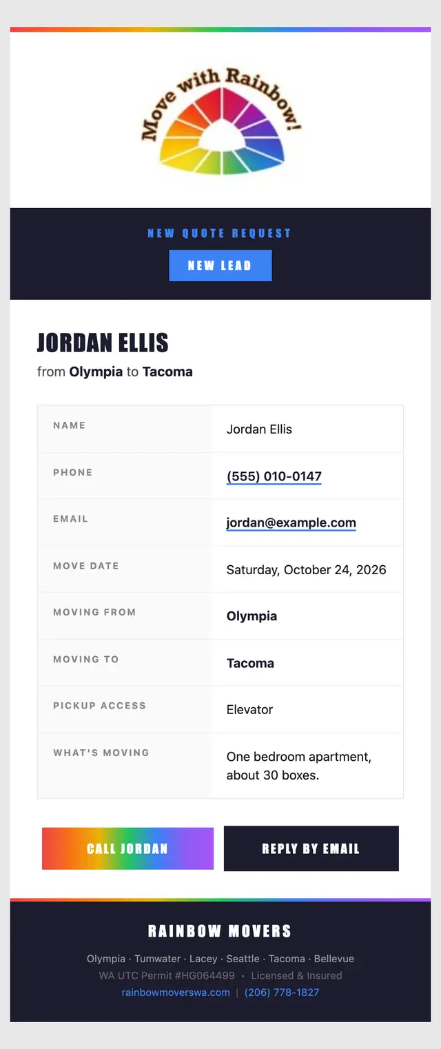 The email the Rainbow Movers site writes to the owner for a new request