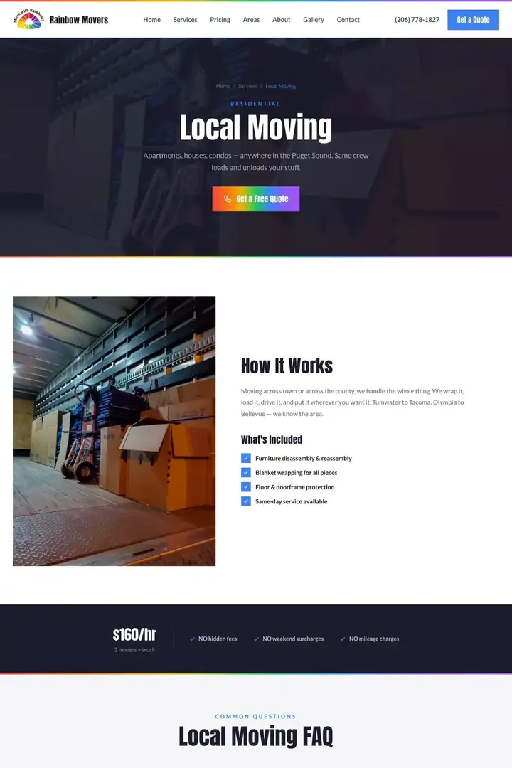 The local moving page on the Rainbow Movers site