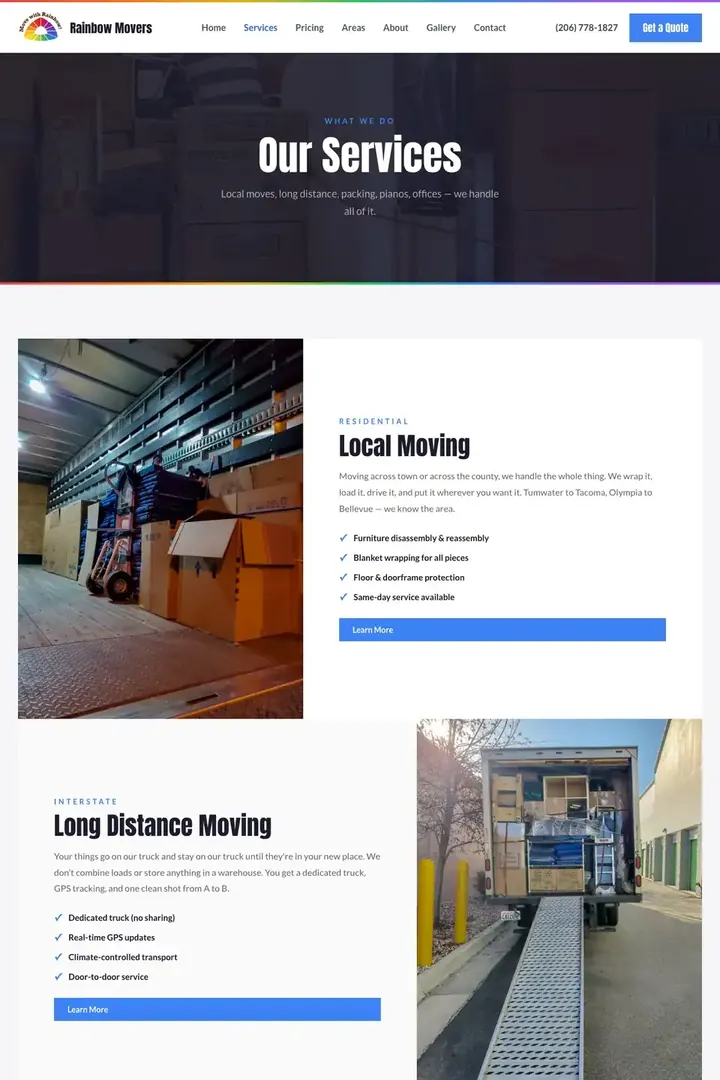 The services page on the Rainbow Movers site