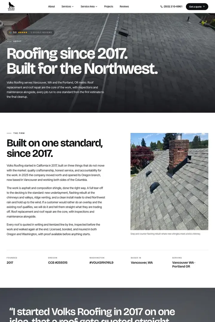 The about page on the Volks Roofing site, with both license numbers