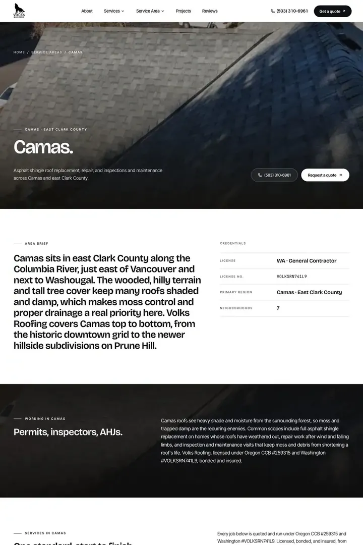 The Camas town page on the Volks Roofing site