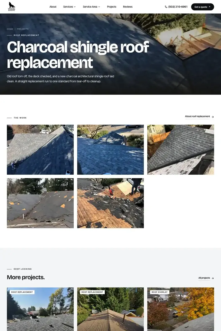 A project page on the Volks Roofing site, a charcoal shingle roof replacement