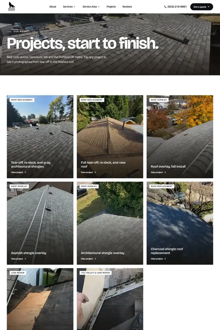 The projects page on the Volks Roofing site, with finished roofs job by job