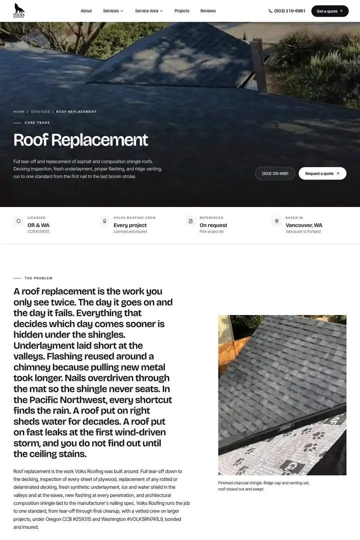 The roof replacement page on the Volks Roofing site