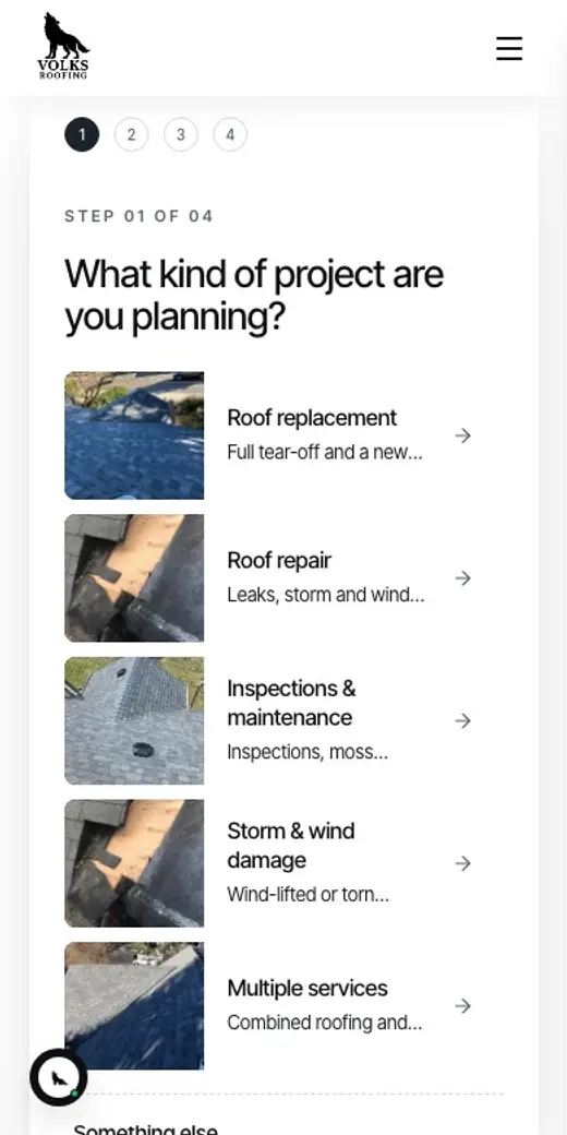 A recording of the quote wizard on the Volks Roofing site
