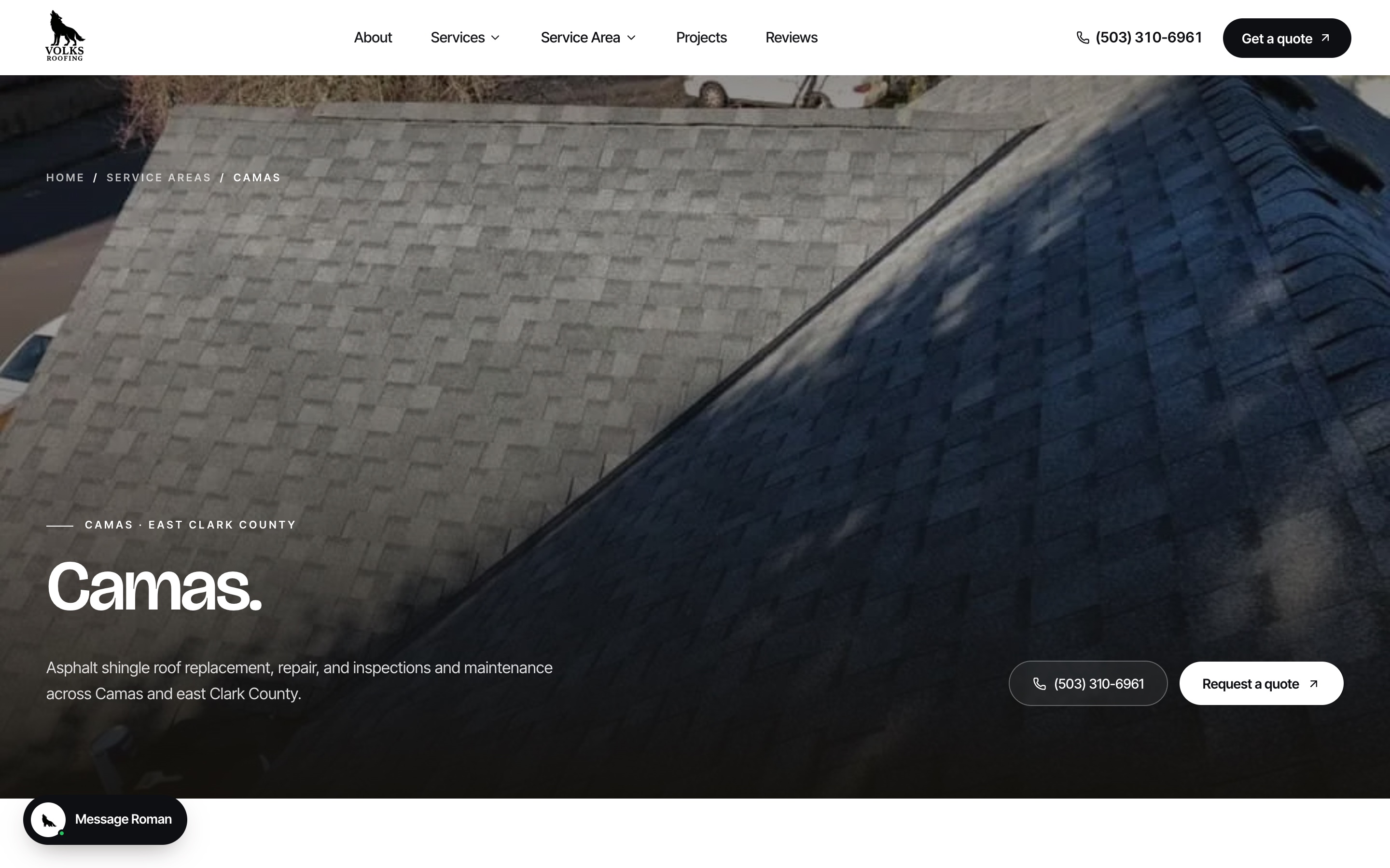 The Camas town page on the Volks Roofing site