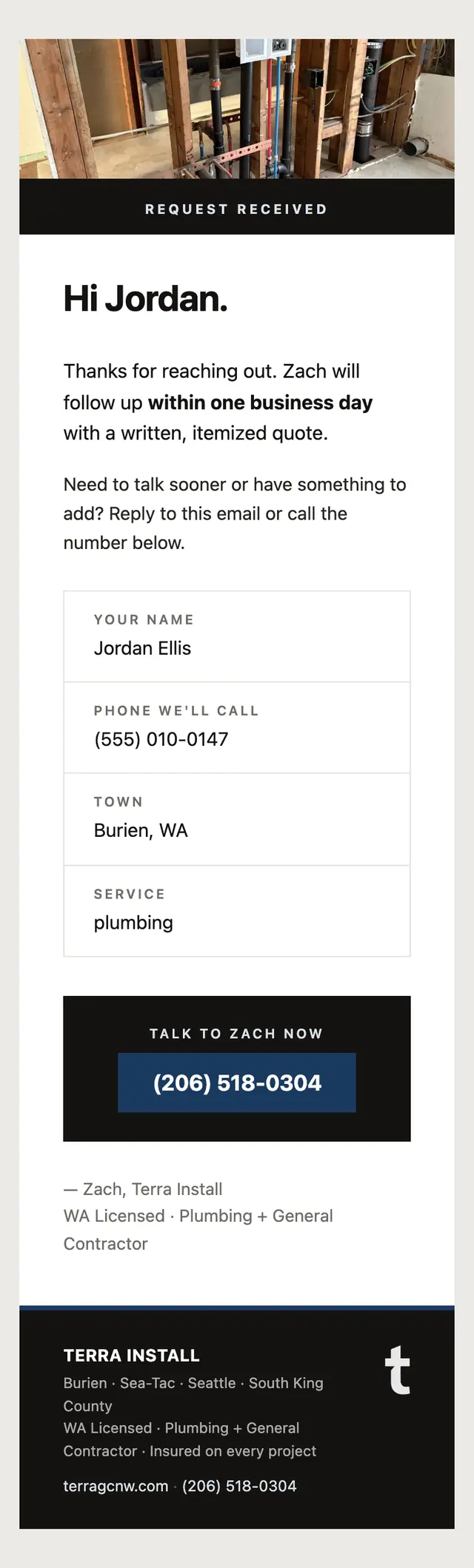 The confirmation the customer receives from the Terra Install site