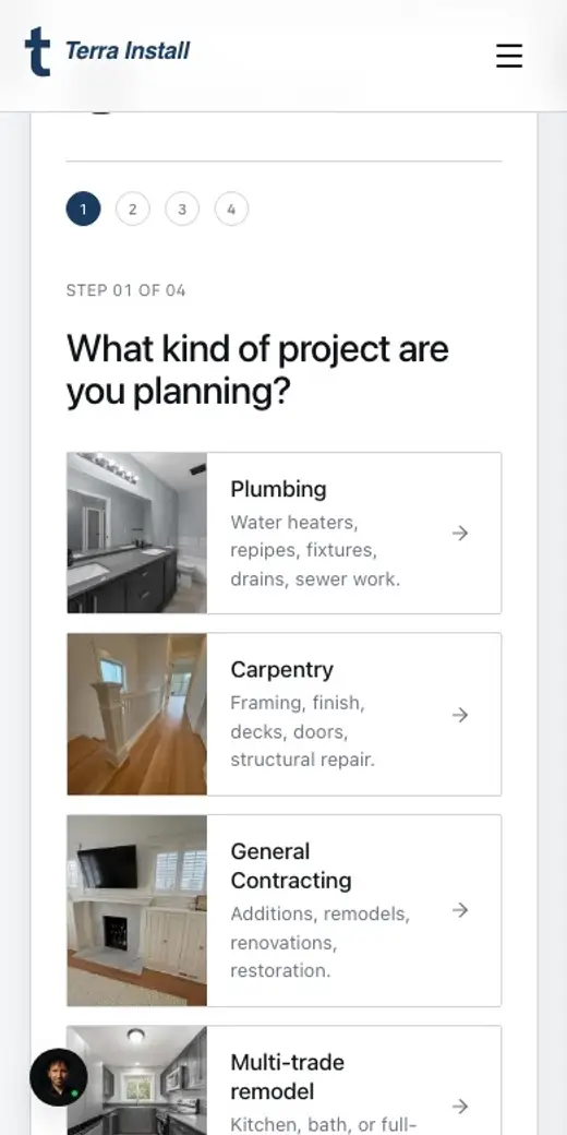 A recording of the quote wizard on the Terra Install site, used on a phone