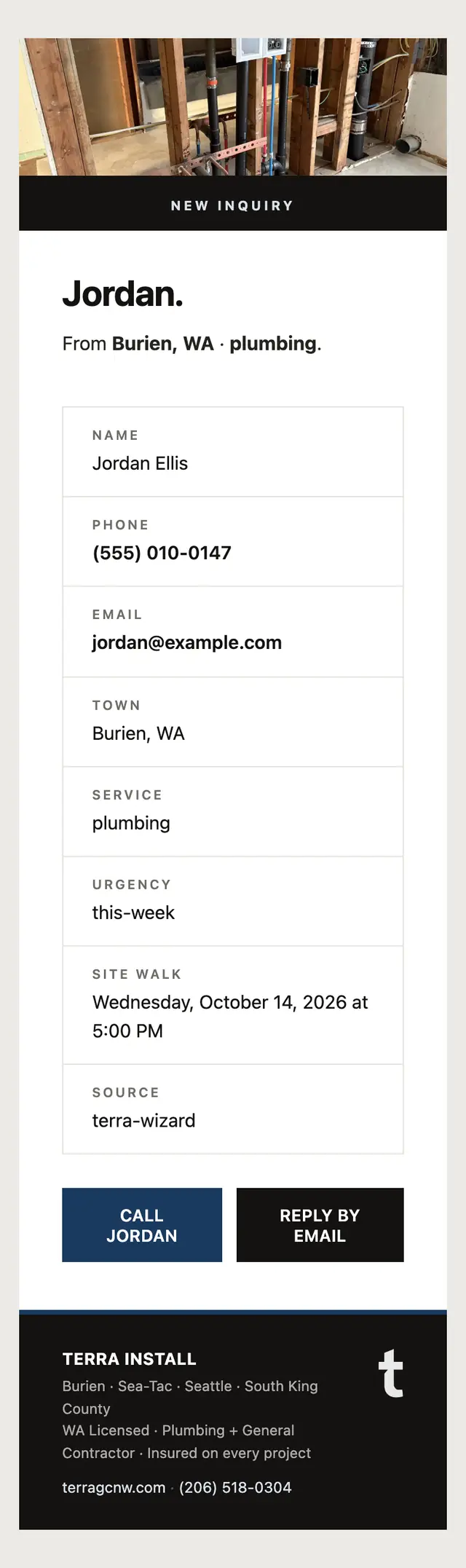The email the Terra Install site writes to the owner for a new request