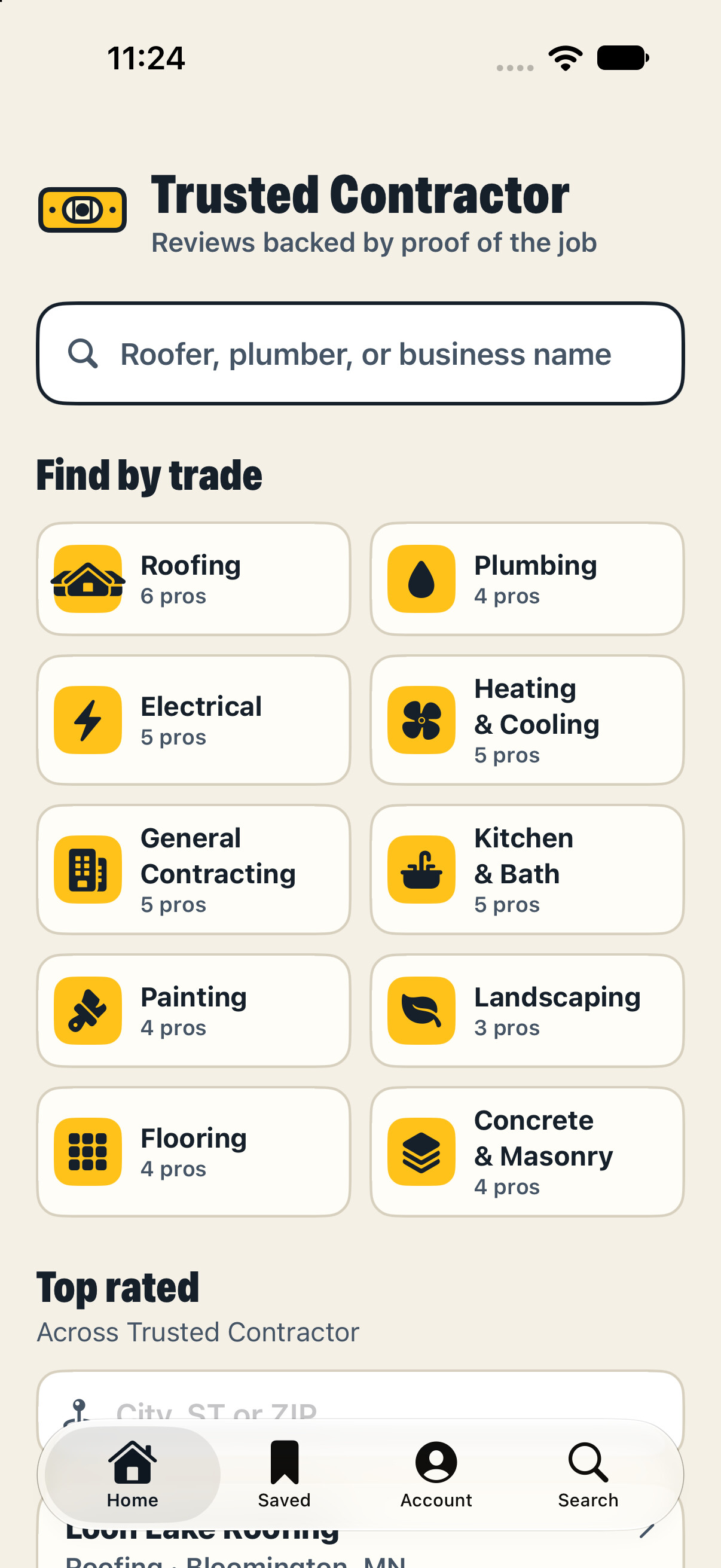 The home screen of the app, with search and trades