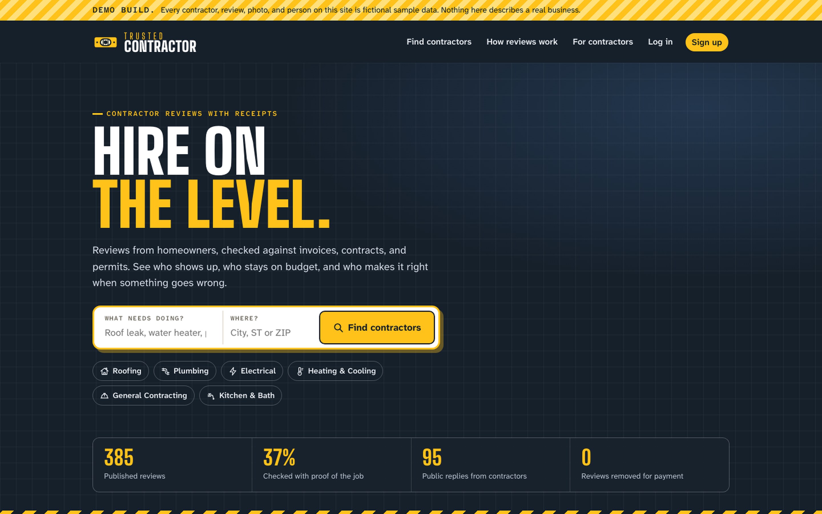 The home page of Trusted Contractor, with the search and the count of reviews checked with proof