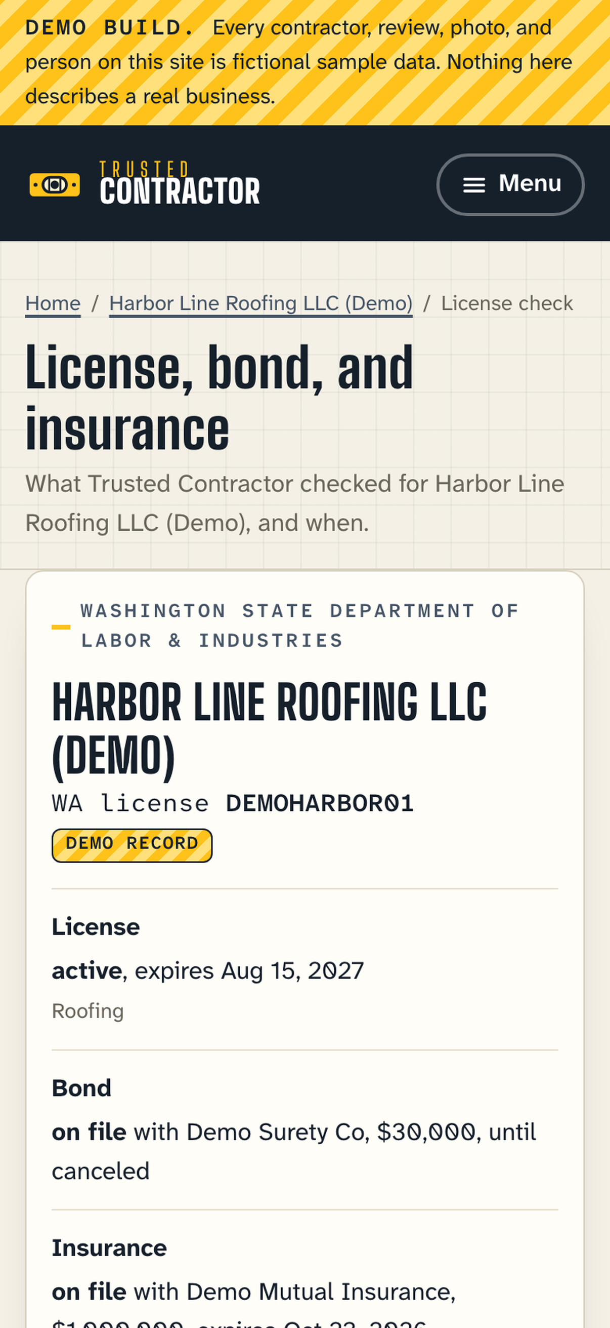 A license check page, with the license, the bond, and the insurance from state data