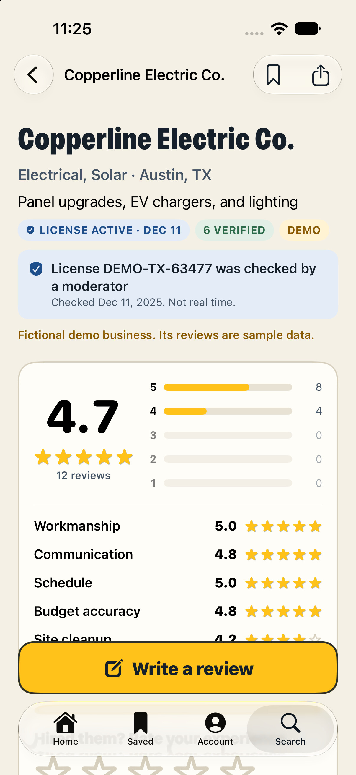 A contractor profile in the app, with the rating broken into five parts