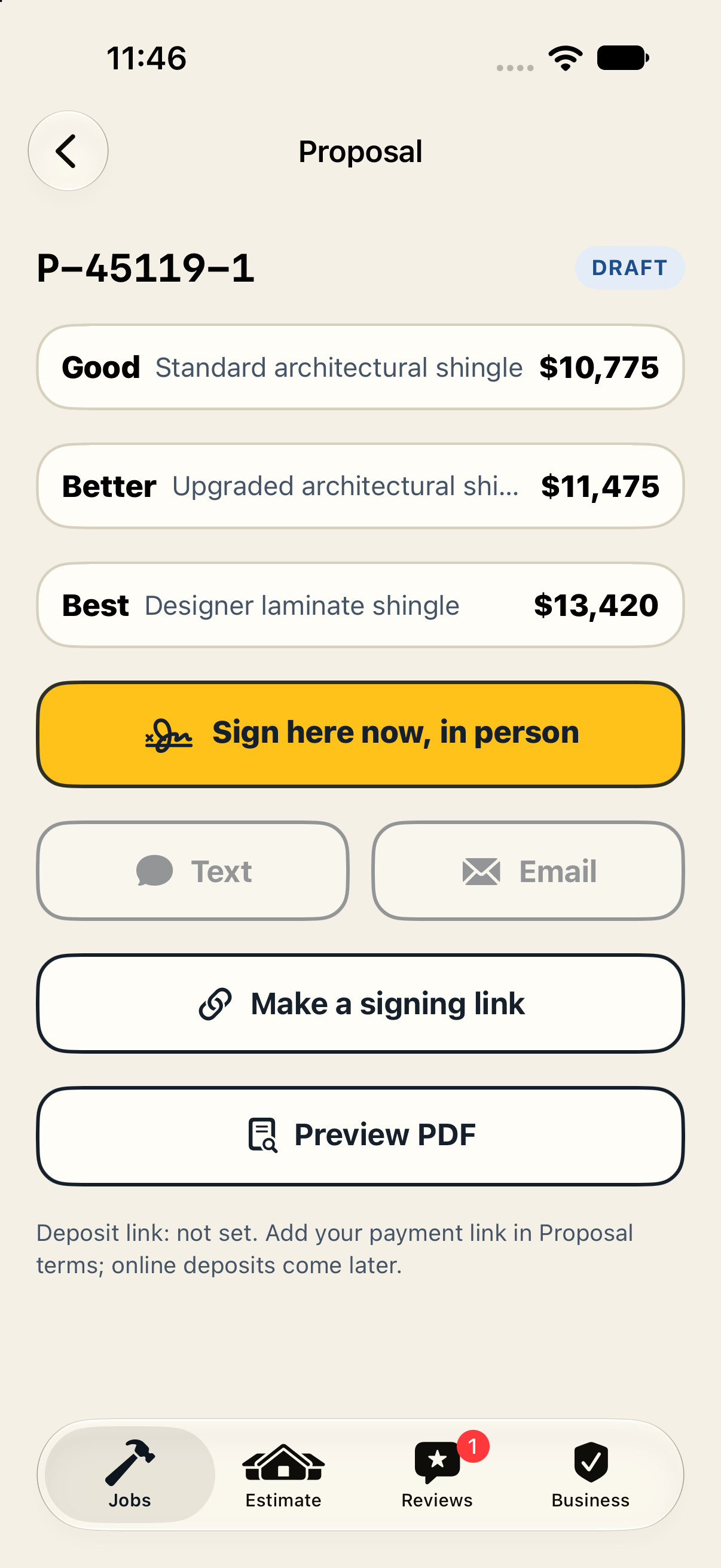 A proposal with three options and a button to sign in person
