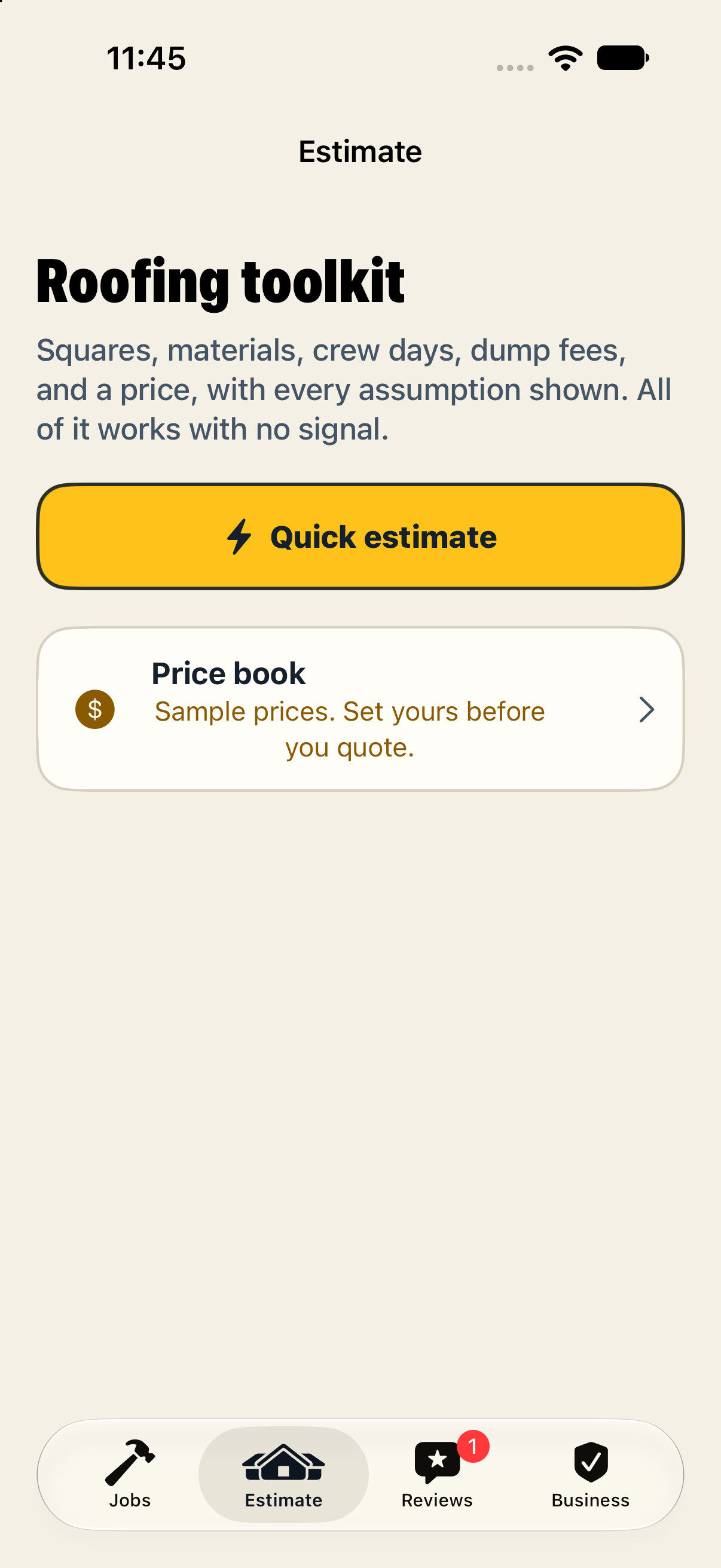 The roofing toolkit in the contractor side of the app