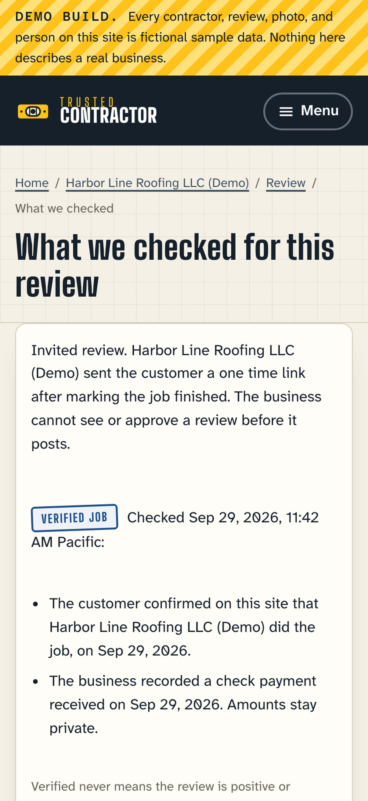 The page that shows what was checked for a review marked Verified Job